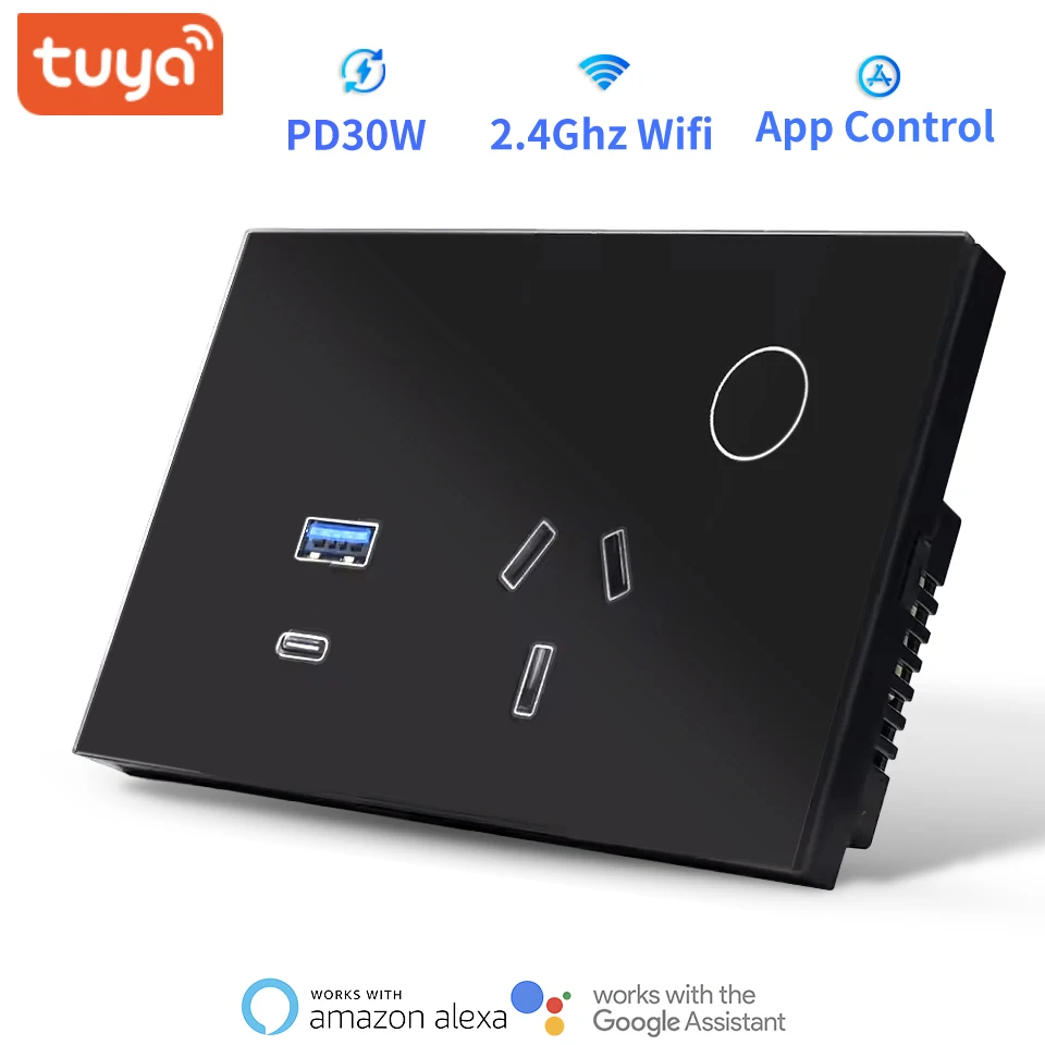 

Tuya Wifi AU Standard Single Power Socket PD30W Touch Switch Usb Wall Sockets Triple Wall Sockets Quadruple Glass Sockets