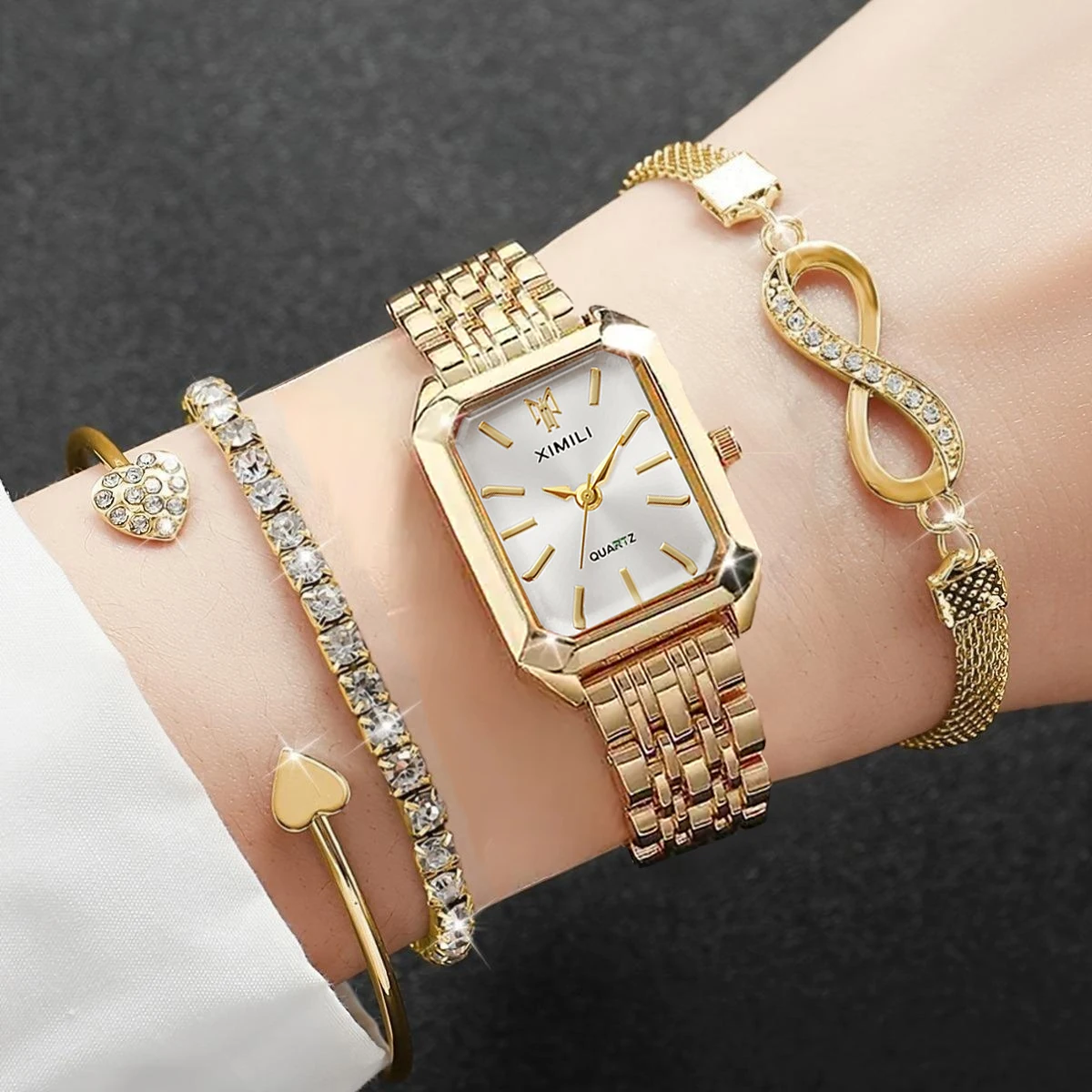 

4 шт. женские наборы часов БЕСПЛАТНО 3 шт. браслеты женские золотые квадратные кварцевые часы из нержавеющей стали