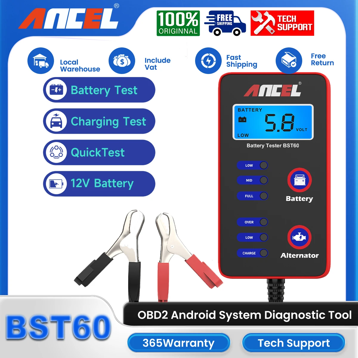 ANCEL BST60 OBD2 Car Battery Diagnostic Tool Test 12V 100-2000CCA Battery System Cranking Circuit load Quick Automotiv Analyzer