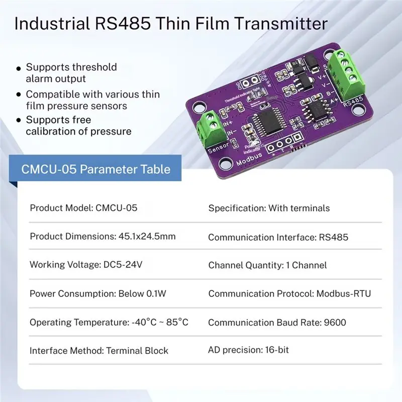 A92Z CMCU-05 Thin-Film Pressure Transmitter RS485 Strain Gauge Data Acquisition Module DC 5-24V FSR Flexible Sensing