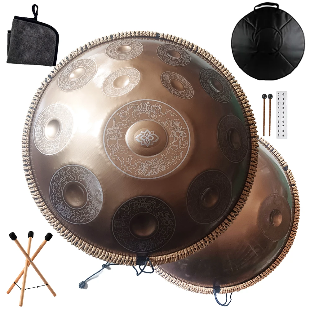 440/432Hz 14/12/10/9Notes 22inch Carve Golden Handpan Drum D Minor Steel Tongue Drum Percussion Instrument Hand Drum