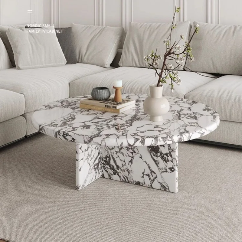 French Cream Style Natural Marble Coffee Table, Oval Round Italian Lacquered Top & Stainless Steel Frame