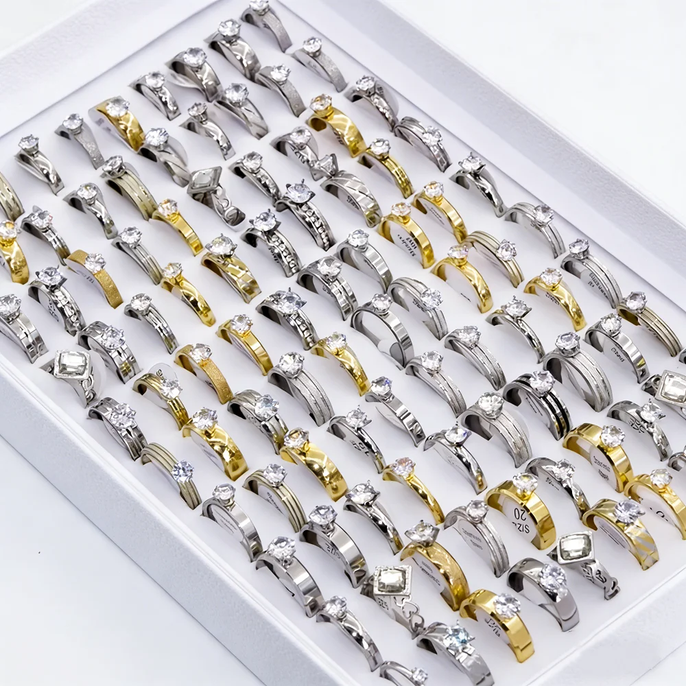 10/20/30/50/100Pieces Fashion Zircon Stainless Steel Rings For Women Men Mix Style Simple Engagement Wedding Jewelry Party Gifts