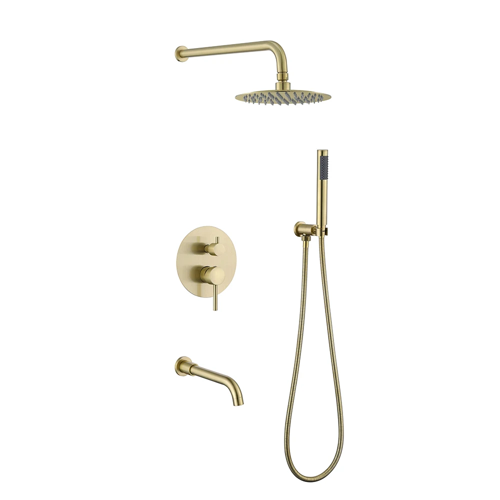 Luxury Bathroom Constant Temperature Powder Blusher Gold Polished Brass Three-way Shower Mixer