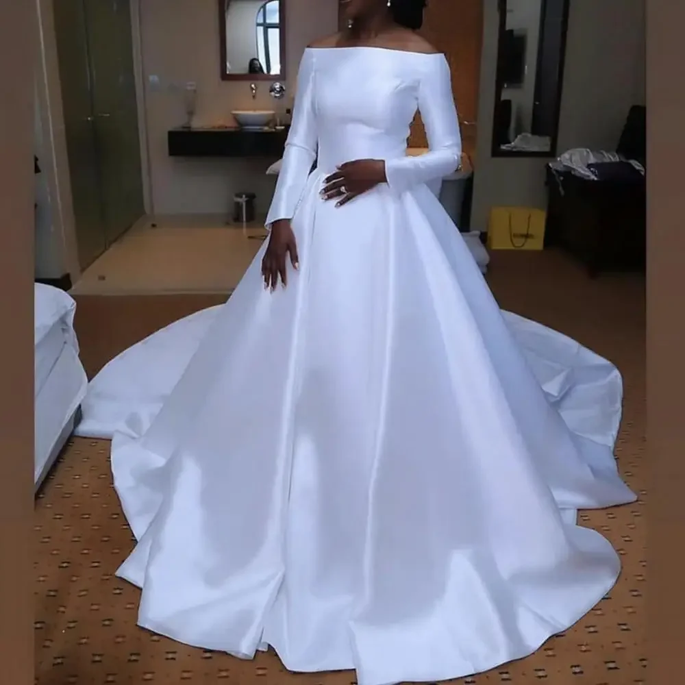 

Customized Africa Satin Wedding Dresses Off Shoulder Bridal Gowns Arabic Middle East Church Nigerian Long Sleeves A-Line Vestido