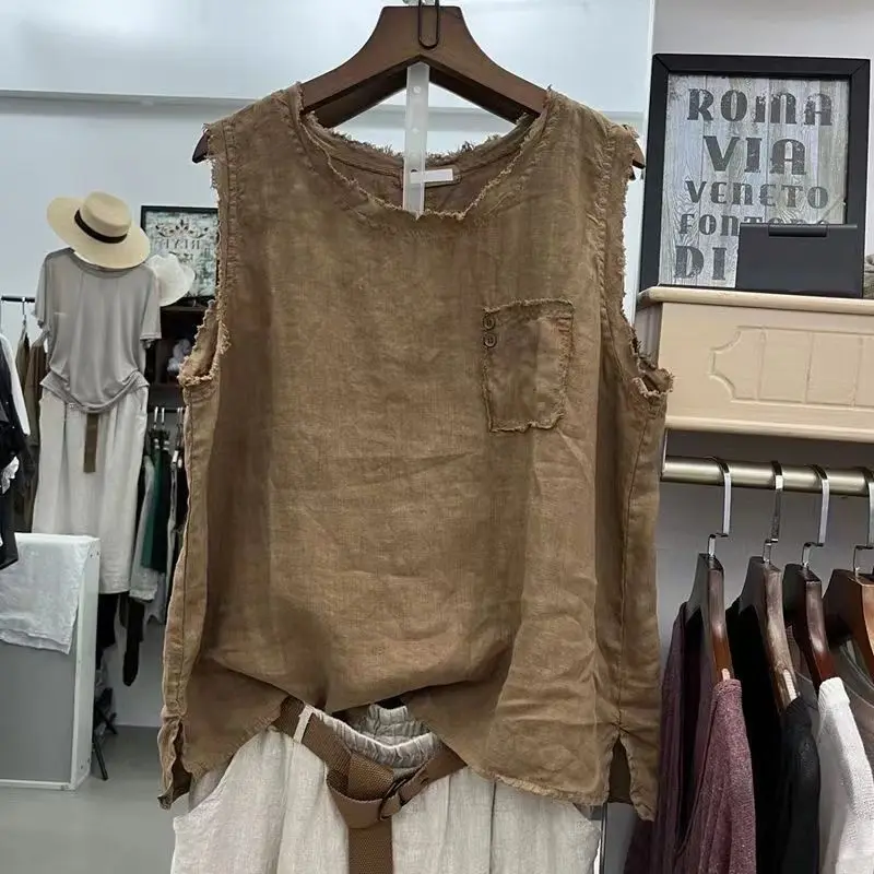 

Fashion O-Neck Button Pockets Sleeveless Casual Blouse Female Clothing 2025 Summer New Loose Korean Tank Top Casual Shirt