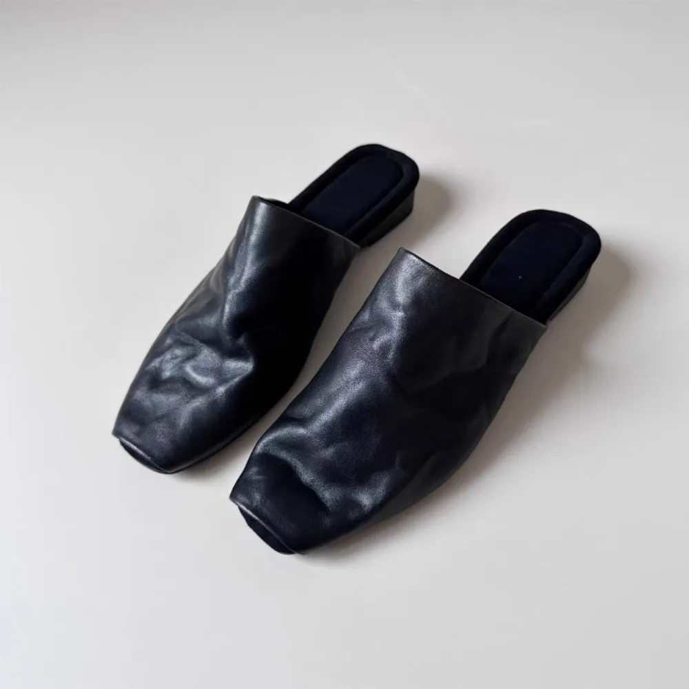 Retro Square Head Slip-On Mules Women's Summer Outdoor Wear French Casual Flat Head Sandals New 2025 Fashion Rubber Upgraded Ver