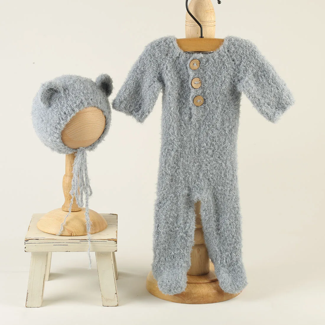 

Soft Baby Fuzzy Knitted Stretch Teddy Bear Romper Newborn Photography Props Infant Sweater Outfit Set Photo Prop