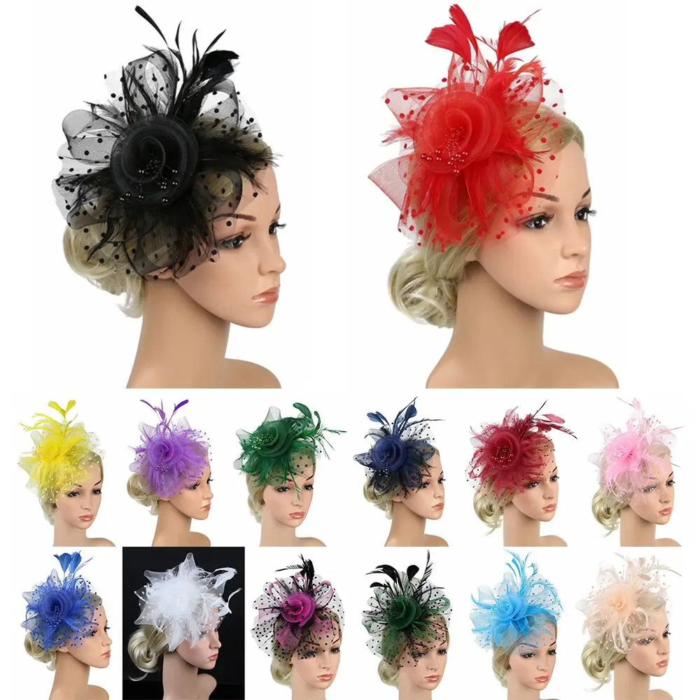 Fascinator Hat for Women Tea Party Headband Wedding Cocktail Mesh Flower Feathers Hair Clip