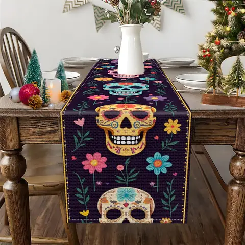 1 bordslöpare med de dödas dag-tema, dekorerad med färgglada dödskallar och blommönster, lämplig för mexikanska de dödas dag-fester och exotisk heminredning 10 best sales Mexikansk dekoration - №3