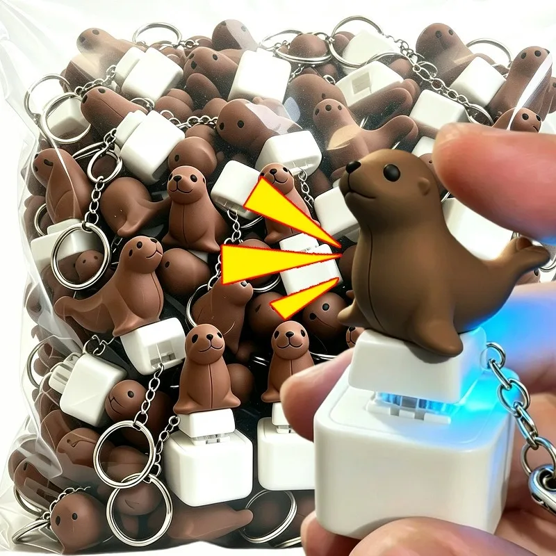 1/2Pcs Seal Fidget Button Keychain Cartoon Cute Animal Anti-Stress Keyboard Clicker Sound Keyring with LED-Glowing Light Pendant