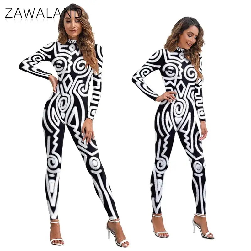 

Zawaland Bodysuit For Women Cosplay Fashion Line Printing Costumes Jumpsuit Carnival Costume Rompers Zentai Female Halloween