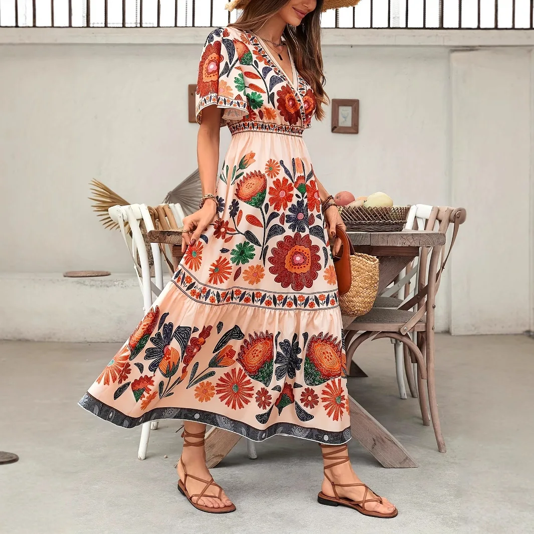 2025 여름 보헤미안 크로스넥 반팔 맥시 드레스 (여성용, 허리 조절 가능, 플로럴 프린트, 루즈핏, 휴가룩)