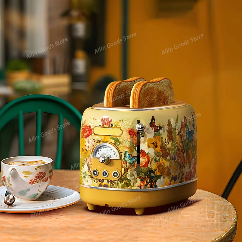 Retro Metal Automatic Toaster Hand Drawn Design 6 Adjustable Gears Bread Baking Machine 220V