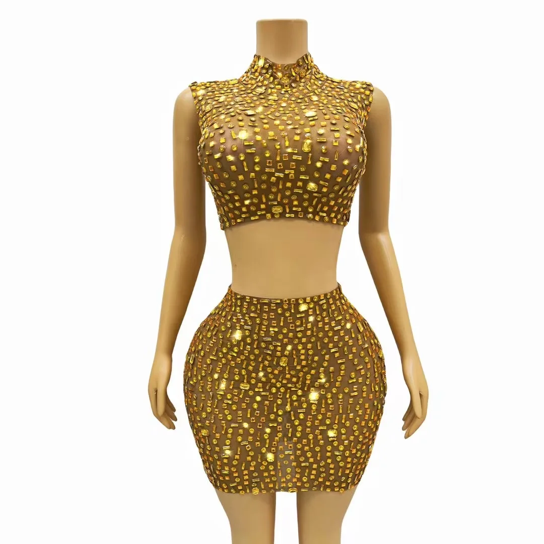 

Women Luxury Gold Rhinestone Sexy Mesh Sleeveless Skirt Set Sparkling Stage Performance Costume Club Evening Party Dresses