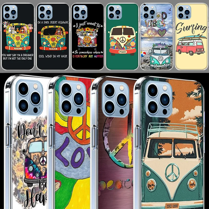 Hippie Peace Bus and Sunflower Clear For Apple iPhone 16 15 Pro Max Cover 14 Plus 13 12 Mini 11 Pro XR XS Max Phone Case Silicon