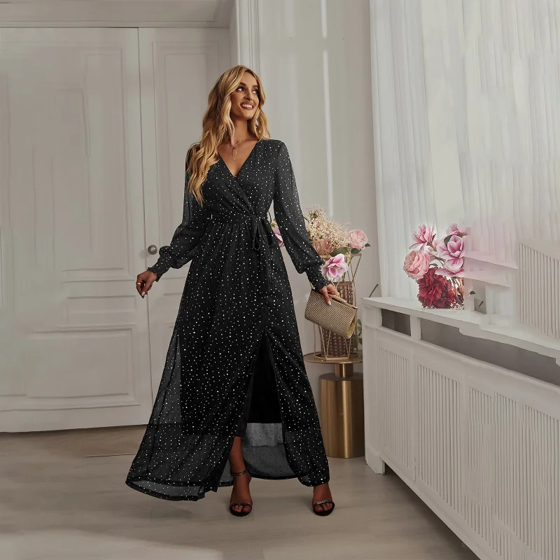 

Pink Sequins V Collared Long-Sleeved Dress 2026 New Style Waist-Cinching Slit Party Dress Women