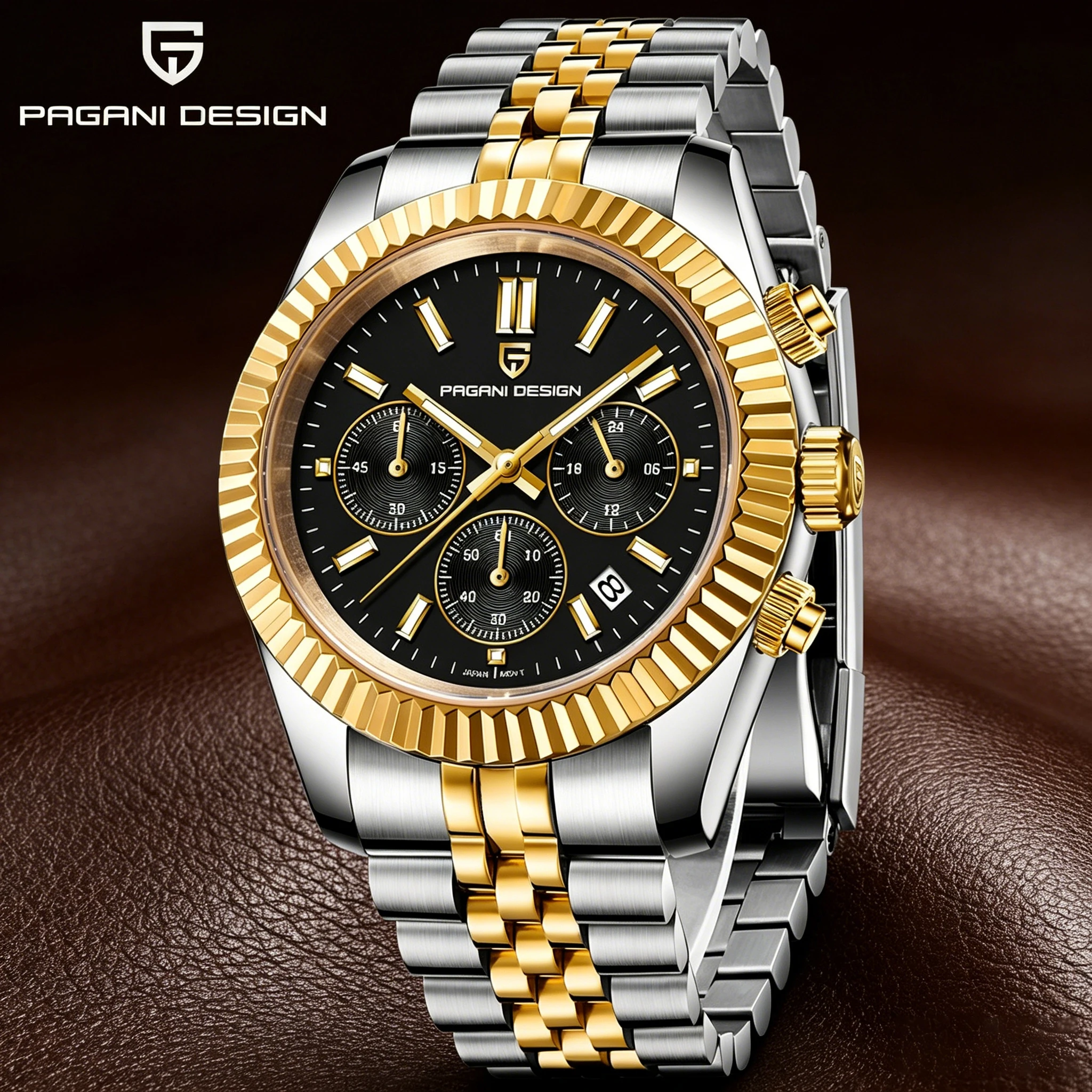 PAGANI DESIGN Men's Chronograph Quartz Watch Japan VD53 Movement 40mm Dial Sapphire Two-tone Stainless Steel Business Wristwatch