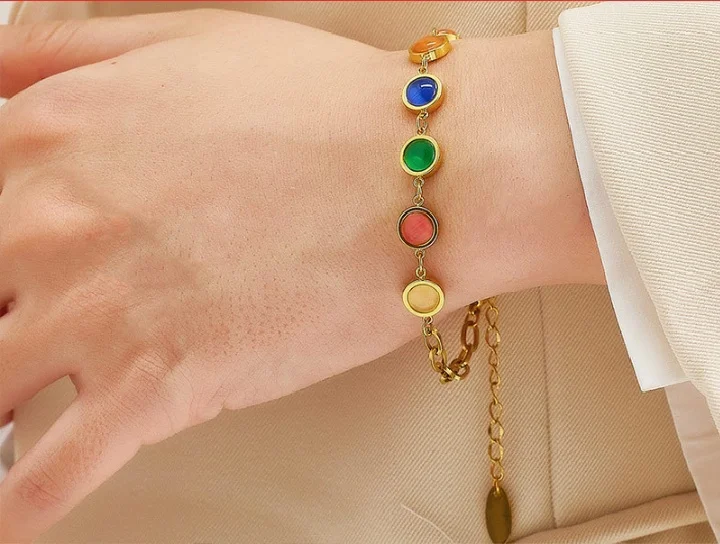5 قطعة Ins شعبية الجراحية الصلب لون الحلوى الأحجار الكريمة سلسلة أساور بالجملة غير يتلاشى قوس قزح الكفة الإسورة مجوهرات الذاكرة المخصصة #5