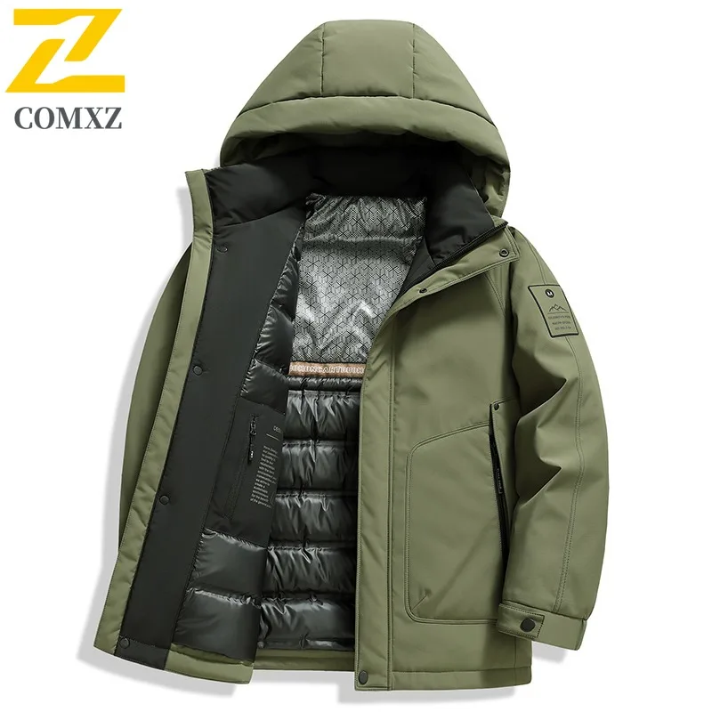 COMXZ Men Down Jacket 2025 New Outdoor Mountaineering Warm Windproof Coat Fashion Hooded Camping Cold Protection Winter Garment