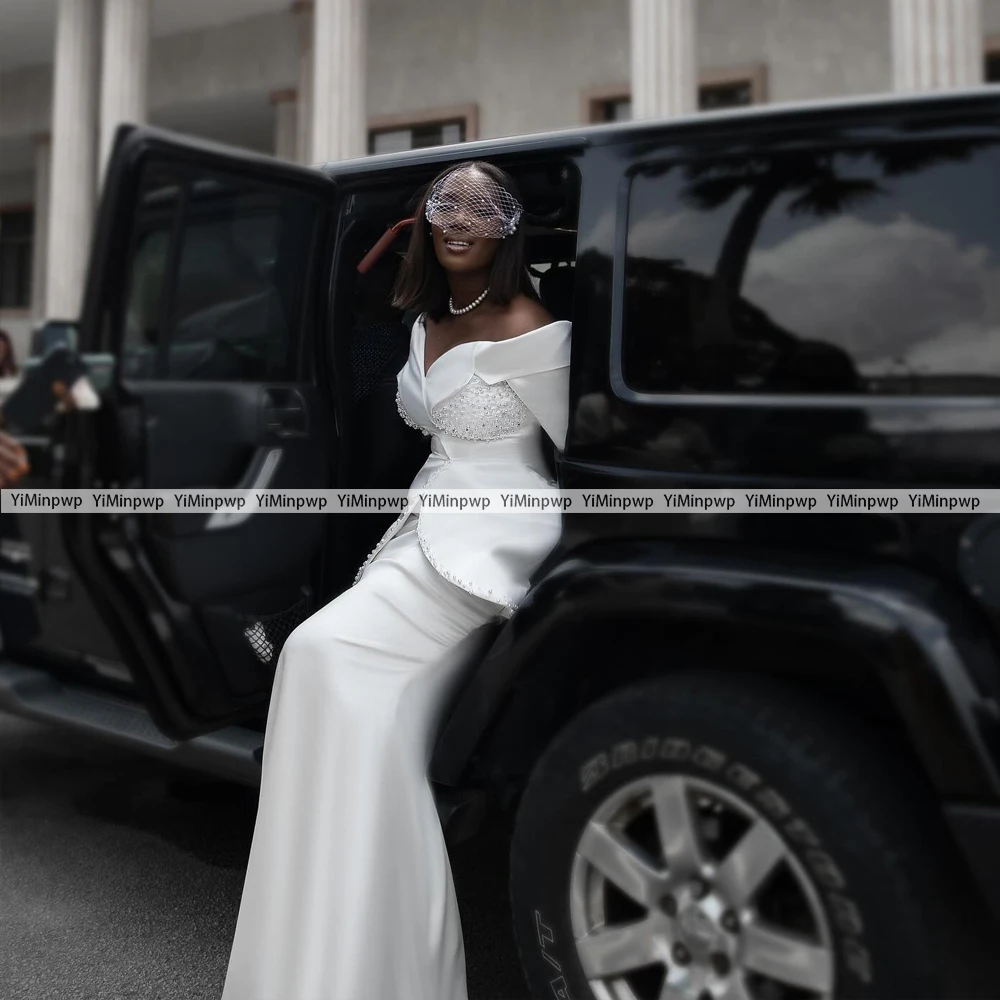 Perlen Brautkleider Volle Ärmel Satin Braut Kleider Für Afrikanische Frauen Sexy V-ausschnitt Perlen Hochzeit Party Kleid 2025, Angepasst