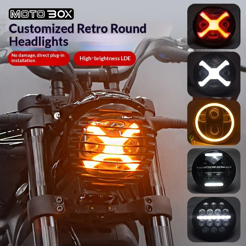 【Premium】For VOGE CU525/625 Retro-style LED Round Headlight Assembly with Angel Eye Function for High and Low Beams