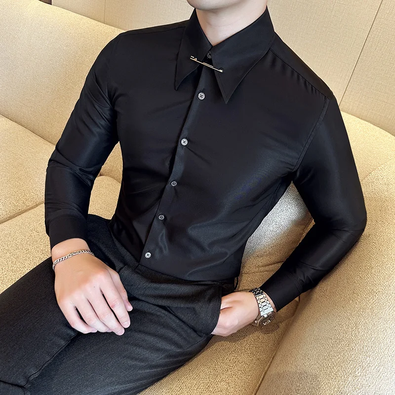 Brand Clothing Business Casual Shirts Men 2024 Spring Long Sleeve Pointed Collar Office Social Dress Shirts Banquet Party Blouse