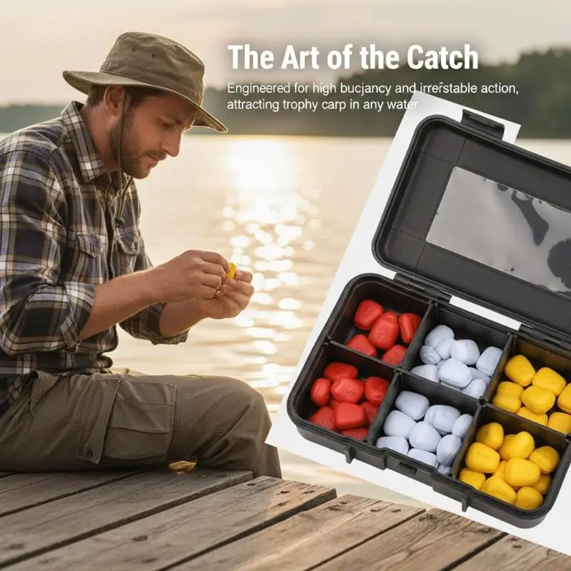 Nouvelles boîtes de 1/3 de leurres de pêche à la carpe, bouillettes de maïs simulées, appâts artificiels pour méthode Feeder