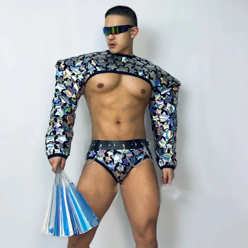 メンズミラーゴゴコスチューム、フライショルダー、スタースパンコールトップ、ブリーフ、バーナイトクラブ、DJ、DSステージ、ポールダンスウェア、レイブ衣装、XS3655