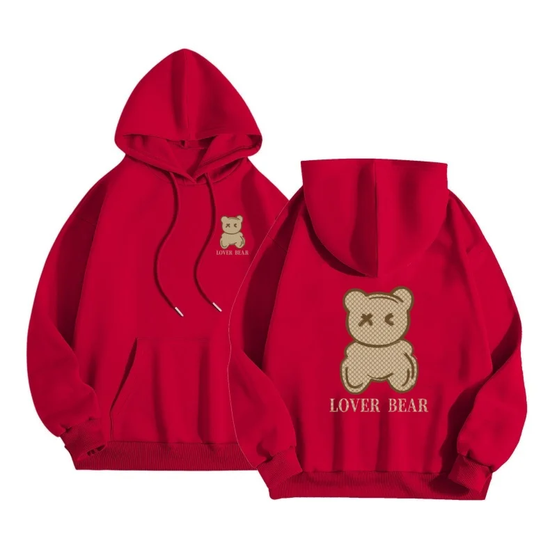 2025 Spring and Autumn New Korean Style Lucky Bear Printed Hoodie for Casual Sports Couples, Men's and Women's Hooded Top