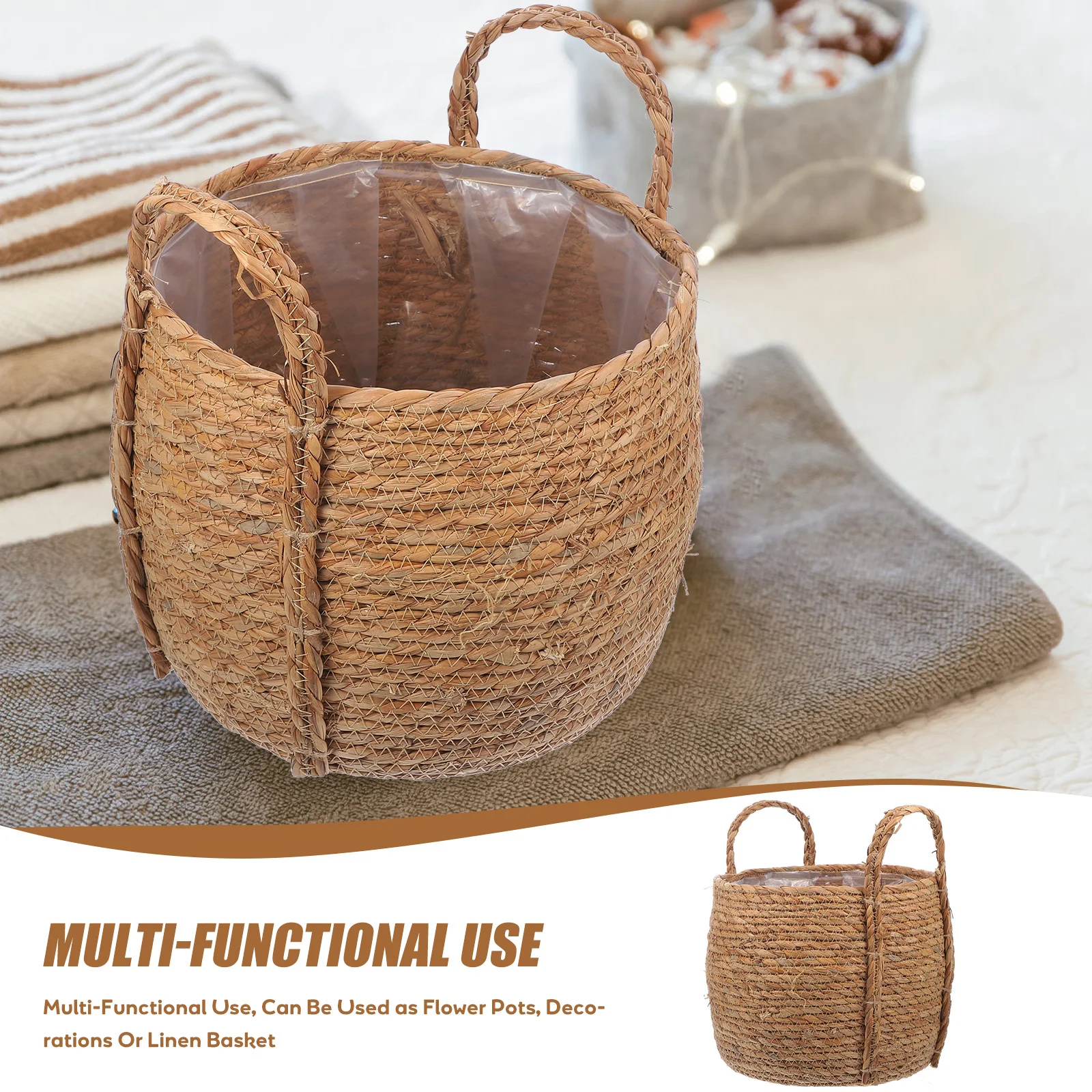 

Woven Plant Basket Indoor Moderate Size Large Capacity Decorative Storage Basket Multipurpose Handheld Organizer for Flowers