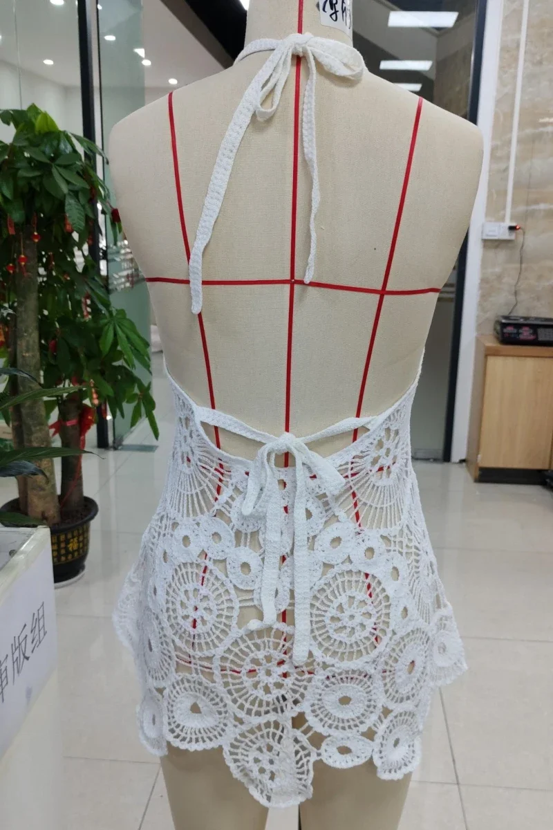 Robe de maillot de bain en Crochet à fleurs pour femmes, Cover-Up de plage, Slim, col en U, ajouré, sans manches, ourlet irrégulier, Mini robe de plage