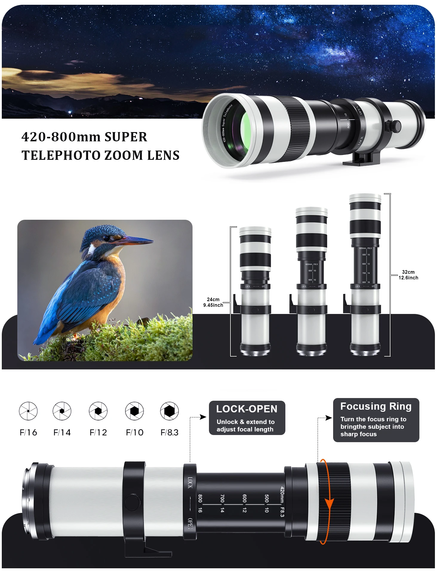 420-800mm F/8.3 Manuelles Telezoom-Objektiv mit T-Mount-Ring, Geeignet für Canon R R3 R5 R6 R10 R100, Nikon Z5 Z9 Z30, Sony, Fujifilm, Olympus Kameras