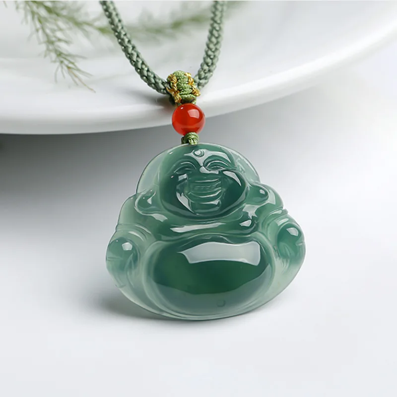 Burma Maitreya Pendant Blue Water A- Level Jade Statue Women's Smiling Buddha Necklace