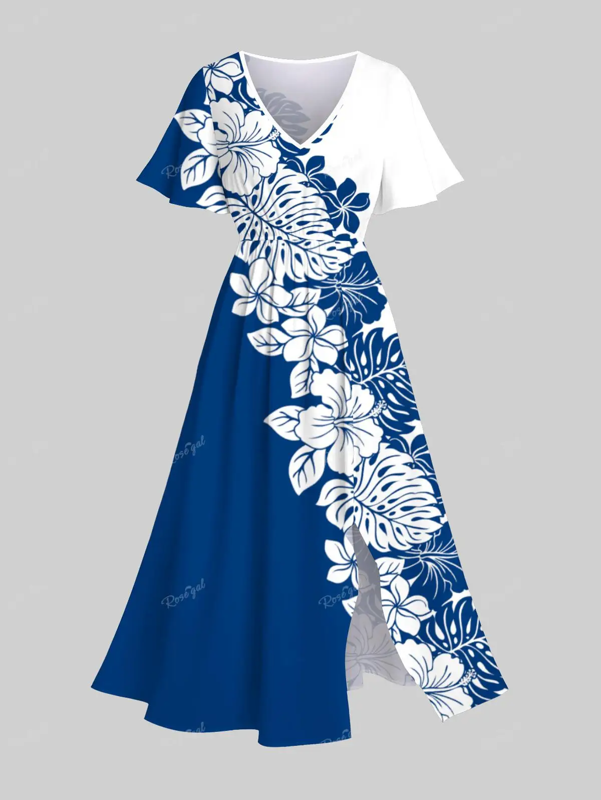 Rosegal Matchable Couple Hawaiian Hibiscus Flower Palm Leaf Colorblock Print Shirt or Plus Size Midi Split A Line Dress