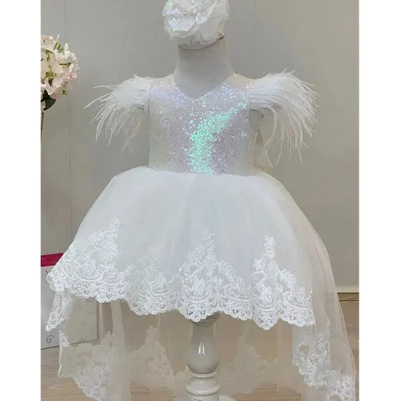 High-end Baby Girl Dress Birthday Party Wedding fluffy Long sleeve Girl Princess Sequins Evening Dresses Teen Kid Girls Clothes