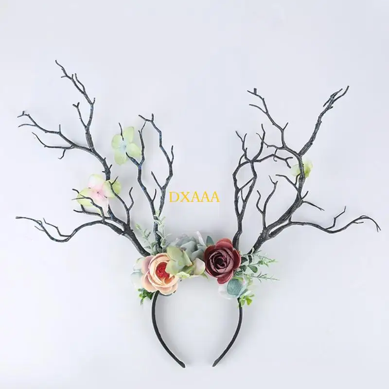 DXAA Christmas Flower Crown Reindeer Hair Hoop Floral Hair Wreath Christmas Headpiece view 2