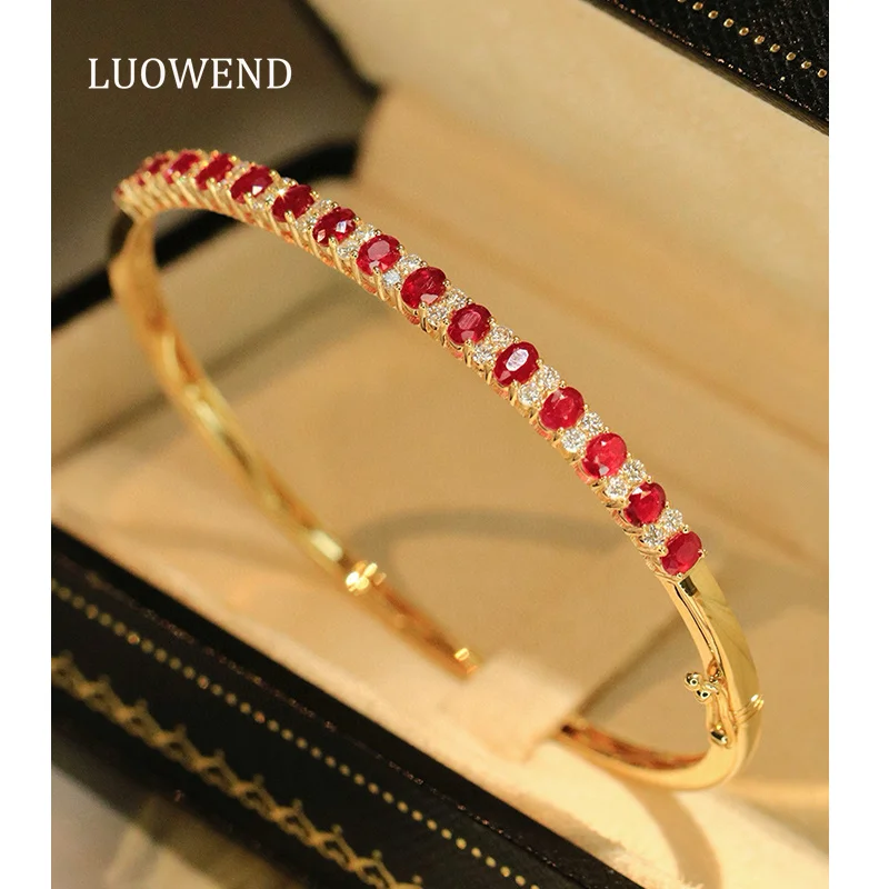 LUOWEND 100% 18K Yellow Gold Bangle Luxury Classic Design Shiny Diamond Natural Ruby Bangle for Women High Gemstone Jewelry