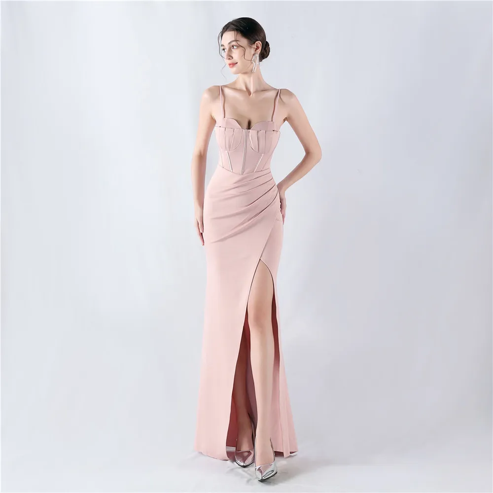 Sladuo Women Elegant V Neck Formal Maxi Dresses Lace Backless Cocktail Party Dress Spaghetti Straps Mermaid Evening Gown