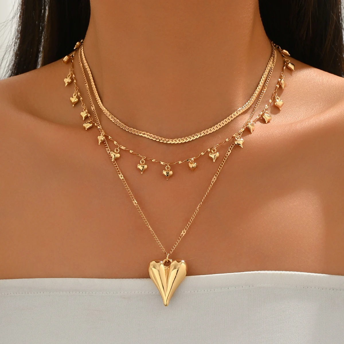 3 Layer Gold Heart Charm Layering Necklace Multi Size Dainty Small & Big Heart Pendant Stackable Women Daily Collar Jewelry
