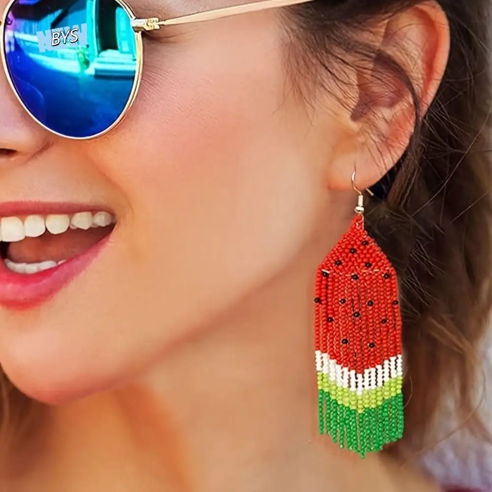 

Bohemian Style Beaded Tassel Earrings Watermelon Fruit Handmade Dangle Drop Earrings Cute Colorful Tiny Beads Jewelry Women