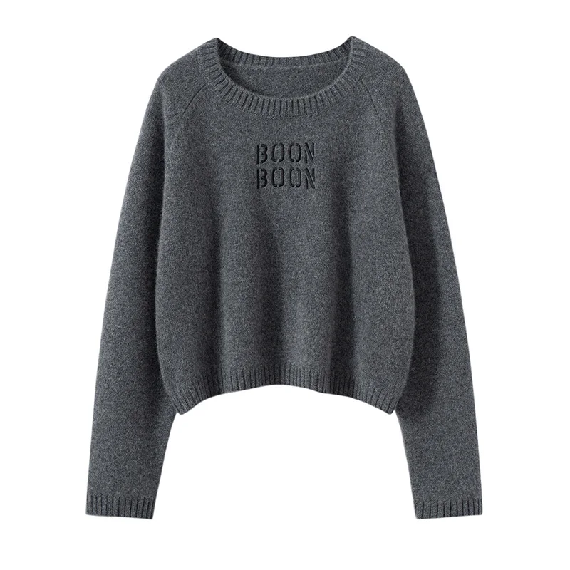 

Женская базовая вязаная кофта из чистого кашемира с круглым вырезом и вышивкой букв, универсальная, осенне-зимняя, новая модель, теплая, термо, комфортная...