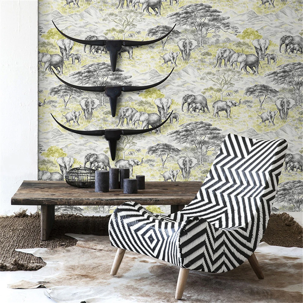 Custom Nordic retro African impression grassland elephant mural wallpaper simple and beautiful black and white wallpaper bedroom