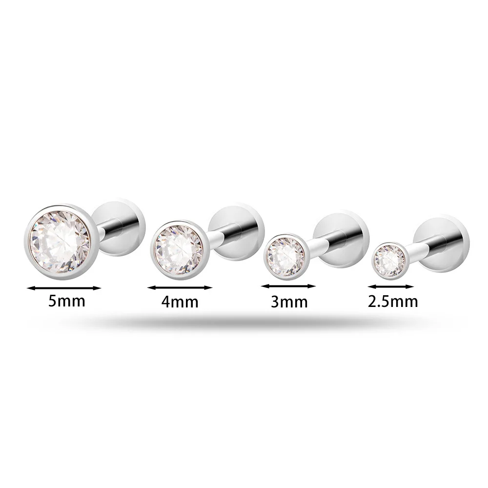 10Pc G23 Titanium 2.5-5mm Round Zircon 16G Internally Threaded Flatback Labret Cartilage Tragus Helix Nose Stud Piercing Jewelry