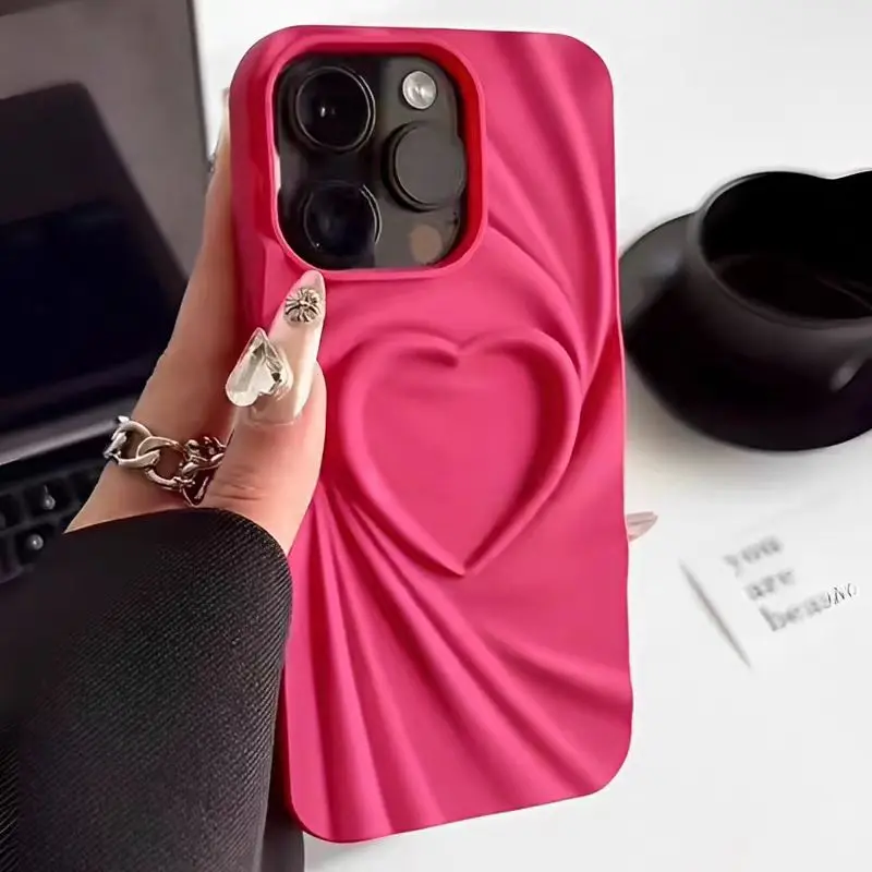 Fashion Fold Wrinkle 3D Love Heart Phone Case For iPhone 13 14 15 Pro Max 16 Plus 11 12 ProMax Soft Matte Silicone Full Cover