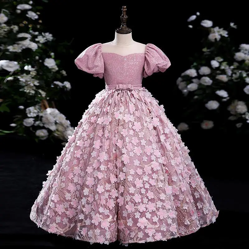 

Children's Dress 2023 Spring New Girls Fluffy Piano Performance Dress Flower Girl Host Elegant Catwalk Show Evening Dress