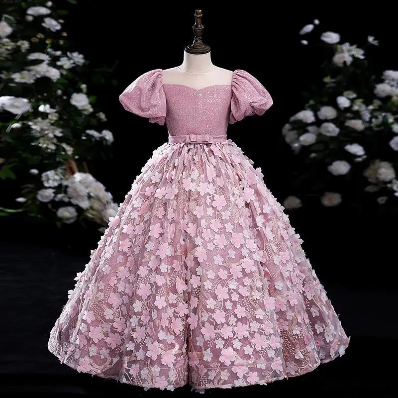 Children\'s Dress 2023 Spring New Girls Fluffy Piano Performance Dress Flower Girl Host Elegant Catwalk Show Evening Dress