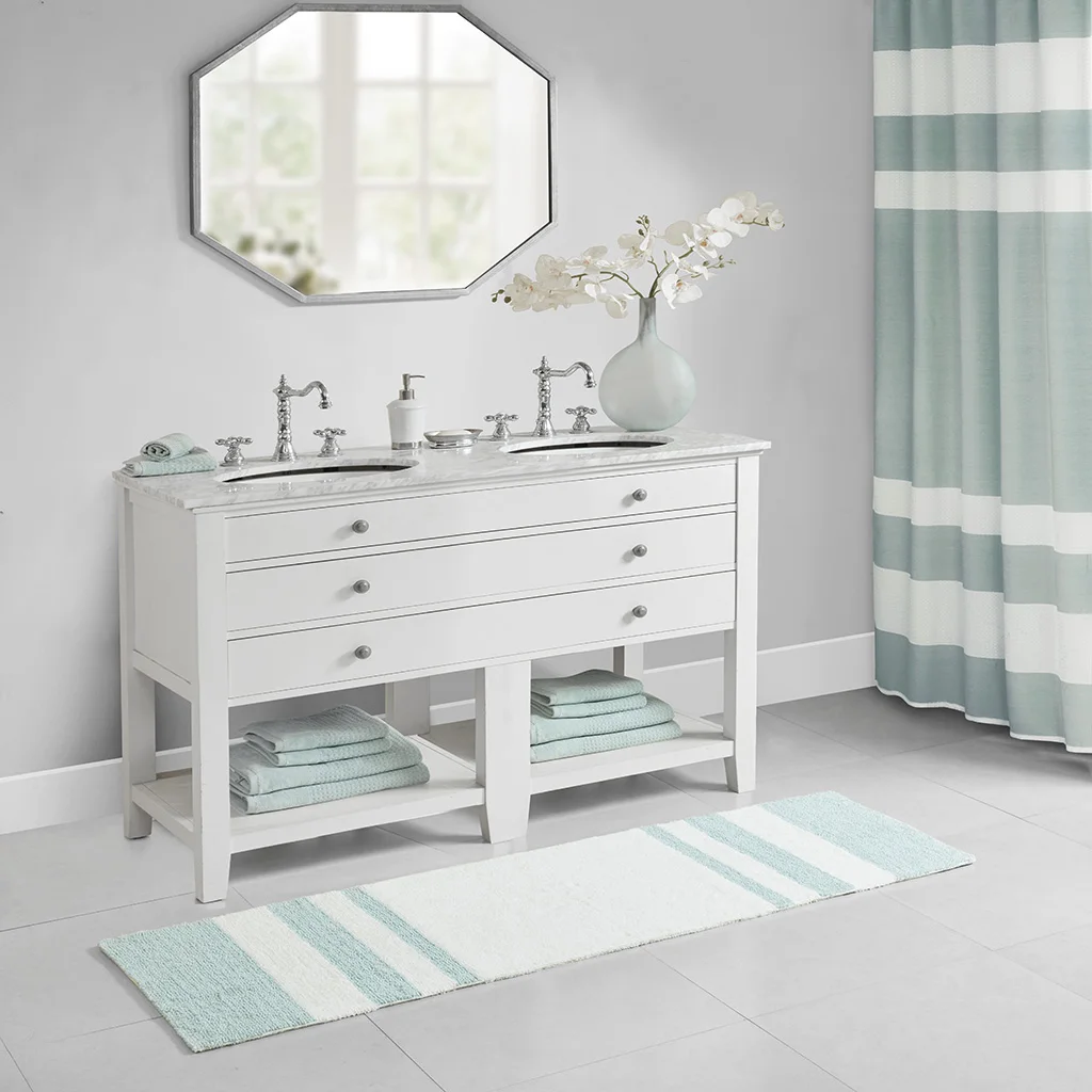 

100% cotton reversible bath rug in aqua color medium pile size 24 inch wide by 72 inch long