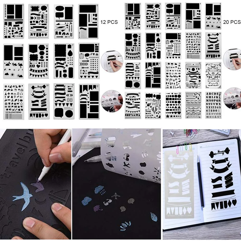12/20pcs Hand Account Painting Template Set Pet Drawing Templates For Journaling Scrapbooking Calligraphy Diy Craft Smooth Edges