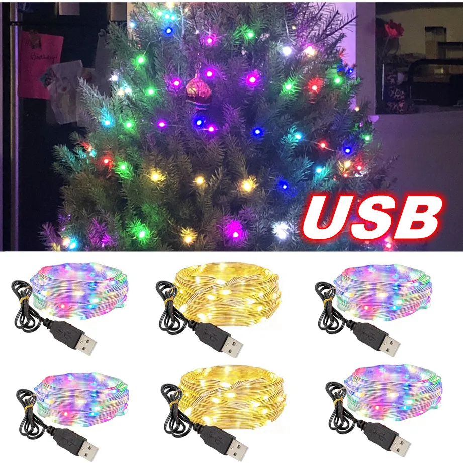 10Pcs Christmas Party USB LED Copper Wire String Fairy Light Strip Lamp Waterproof 100LEDs For Wedding Holiday Home Decoration